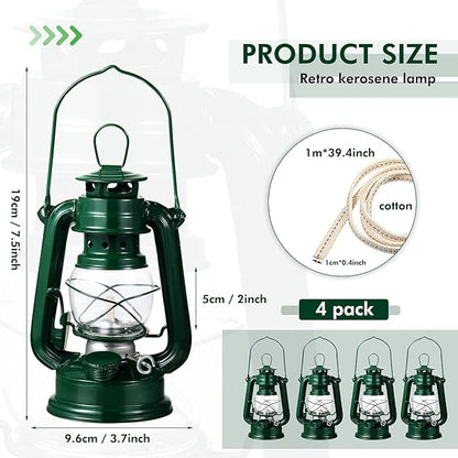 Honoson 4 Pieces Oil Lamp Hurricane Lamp Kerosene Lantern for Indoor Outdoors Decorative Hanging Oil Lantern with Wick for Hiking Emergency Camping Party Decoration(Green,8 Inch)