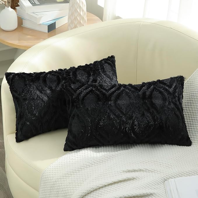 decorUhome Spring Throw Pillow Covers 12x20 Inch Set of 2, Soft Plush Faux Wool Black Solid Couch Pillow Covers, Accent Farmhouse Neutral Square Pillow Cases for Sofa Bed Living Room