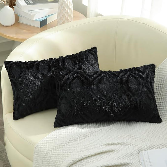 decorUhome Spring Throw Pillow Covers 12x20 Inch Set of 2, Soft Plush Faux Wool Black Solid Couch Pillow Covers, Accent Farmhouse Neutral Square Pillow Cases for Sofa Bed Living Room