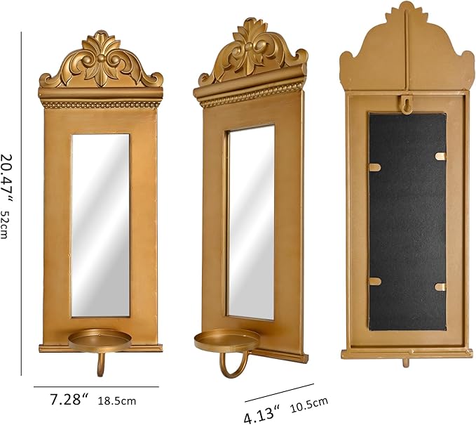 SwallowLiving Candle Sconces Wall Decor Set of 2, Large Antique Gold Wall Candle Holder, 20.5" Tall Hanging Mirrored Decoration for Living Room, Bedroom, Kitchen, Dining Room, Farmhouse Home Decor