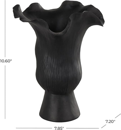 Deco 79 Ceramic Abstract Floral Inspired Vase with Wavy Folded Rim and Linear Grooves, 8" x 7" x 11", Black