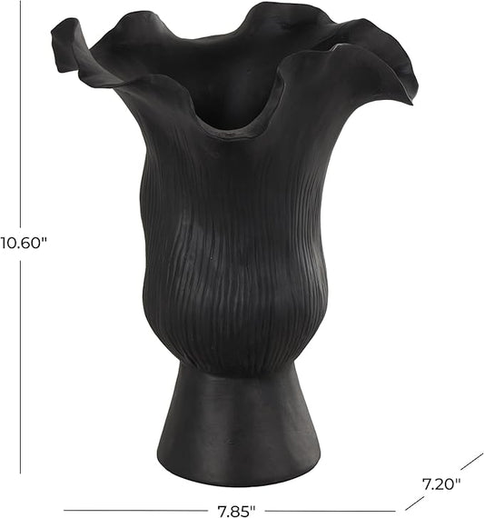 Deco 79 Ceramic Abstract Floral Inspired Vase with Wavy Folded Rim and Linear Grooves, 8" x 7" x 11", Black