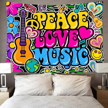 F-FUN SOUL Peace Love Tapestry Groovy Tapestry, 80x60inches, 70s Music Tapestries Psychedelic Art Tapestries Wall Hanging for Bedroom Living Room Decor Banner