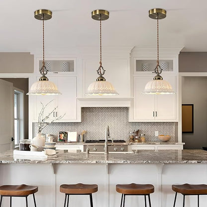 Ceramic Pendant Light 1-Light Adjustable Cord Industrial Ceiling Hanging Light Brass Vintage Chandelier for Kitchen Island Bar Dining Room Bedroom Foyer Hallway Farmhouse