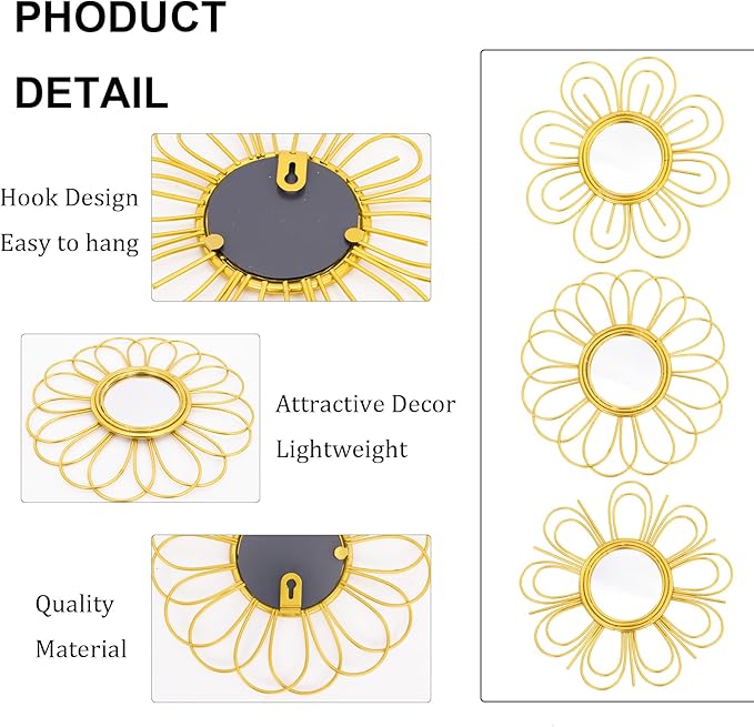 Gold Mirrors 3 Piece, 9 inch Flower-Shaped Mirror Hanging Wall Decor, Christmas Decorative Mirror Wall Art, Round Mirrors for Bedroom,Living Room,Bathroom, House Warming