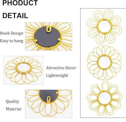 Gold Mirrors 3 Piece, 9 inch Flower-Shaped Mirror Hanging Wall Decor, Christmas Decorative Mirror Wall Art, Round Mirrors for Bedroom,Living Room,Bathroom, House Warming