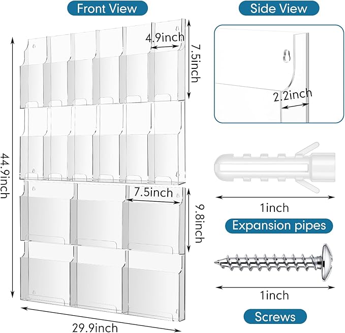Thyle Acrylic Brochure Pamphlet Holder with 6 Magazine & 12 Pamphlet Slots, Clear Magazine Display Rack, Wall-Mounted Literature Organizer for Home and Office Waiting Room