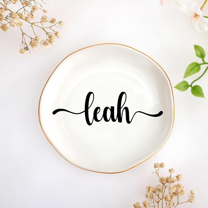 JoycuFF Leah Personalized Name Ceramic Jewelry Tray, Mothers Day Christmas Anniversary Engagement Birthday Gifts for Women Couples, Trinket Dish for Rings Earrings Necklaces Bracelets Keys