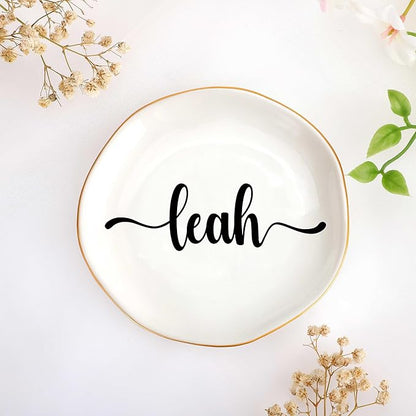 JoycuFF Leah Personalized Name Ceramic Jewelry Tray, Mothers Day Christmas Anniversary Engagement Birthday Gifts for Women Couples, Trinket Dish for Rings Earrings Necklaces Bracelets Keys