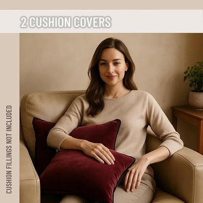 2 Pack Velvet Decorative Throw Pillow Covers, 18"x18", Burgundy, Solid, Modern, Contrast Piping, Indoor Use, Bedroom & Living Room
