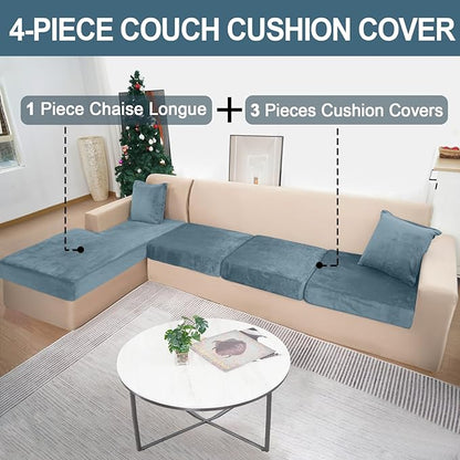 Sectional Couch Covers for 4-Piece Seat Cushion Velvet Separate L Shape Couch Cover Stretch Sofa Slipcover with 2 Pieces Pillowcases Furniture Protector (Sofa 3 Seater + 1 Chaise, Teal)