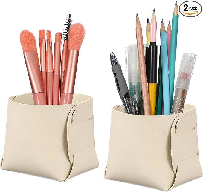 PATIKIL 2Pack Leather Desk Organizer, Leather Pencil Pen Holder Jewelry Valet Tray Hair Accessories Organizer for Bedroom Drawer Office Key Wallet Watch Pen Pencil Glasses, Beige