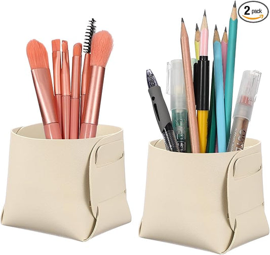 PATIKIL 2Pack Leather Desk Organizer, Leather Pencil Pen Holder Jewelry Valet Tray Hair Accessories Organizer for Bedroom Drawer Office Key Wallet Watch Pen Pencil Glasses, Beige