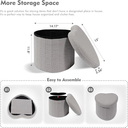 B FSOBEIIALEO Storage Ottoman Cube, Heart Shaped Ottomans with Storage Foot Stool Footrest for Lving Room, Boucle Ottoman Seat for Dorm Room,Faux Teddy Fur, Grey 15"x15"x15"
