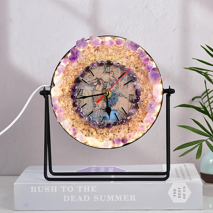 JIC Gem Amethyst Crystal Clock with Lamp Decorative Desk Clock Purple Amethyst Stone USB Port Night Light Home Office Decor