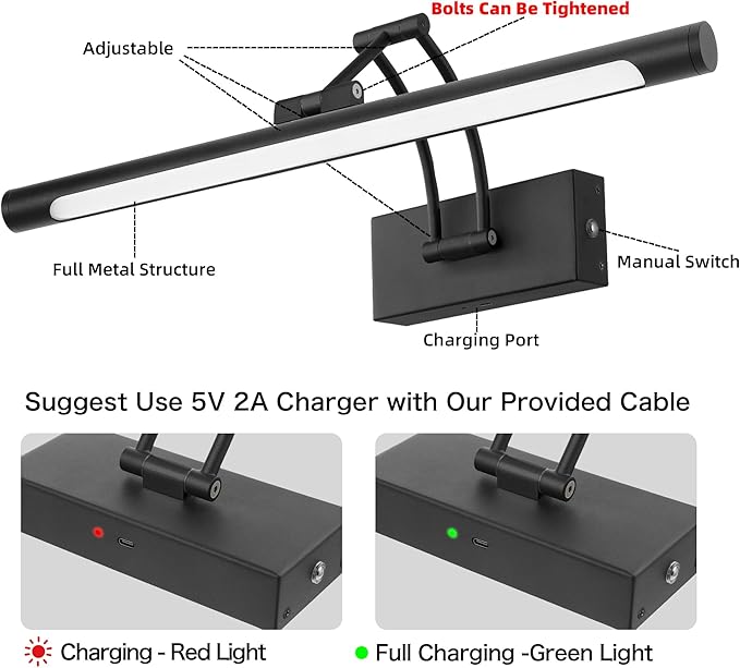 16“ Black Wireless Picture Lights for Wall, Battery Operated Picture Light with Remote Timer, Rechargeable Art Lighting for Paintings 3000K/4000K/6000K Dimmable Frame Photo Dartboard Gallery Light