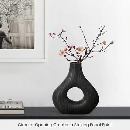 Torre & Tagus Black Donut Vase for Flowers - 9 Inch Tall Textured Vases for Centerpieces, Sculptures Home Decor & Abstract Sculptures Home Decor for Shelf Decor Aesthetic (Alma Black Flower Vase)