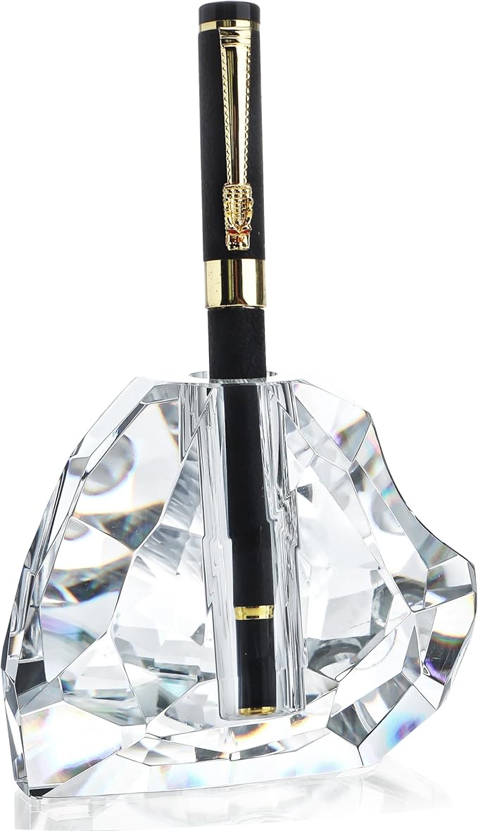 QFkris Crystal Heart Shaped Single Pen Holder for Desk, Glass Feather Pencil Holder for Office Desktop Decoration, 3.5" Fancy Fountain Pen Stand, Christmas Gift for Man