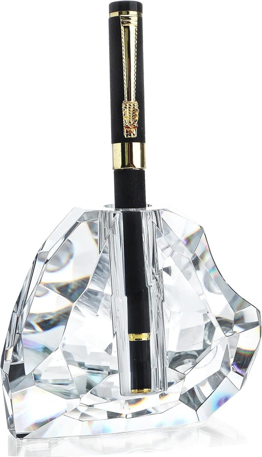 QFkris Crystal Heart Shaped Single Pen Holder for Desk, Glass Feather Pencil Holder for Office Desktop Decoration, 3.5" Fancy Fountain Pen Stand, Christmas Gift for Man