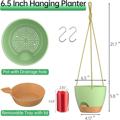 ZMTECH 6.5 Inch Hanging Planters for Indoor Outdoor Plants, 2 Pack Self Watering Hanging Plant Pots with Drainage Holes and Removable Saucer, Plastic Flower Hanging Pots with Watering Lip (Green)