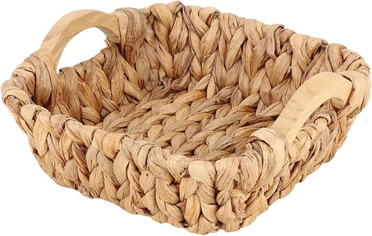 Square Water Hyacinth Basket with Wooden Handles, Small Woven Storage Organizer for shelf