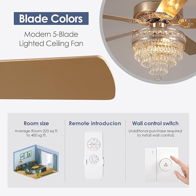 Crystal Ceiling Fan Fandelier with Lights - 52" Modern Outdoor Fans with Remote Control，Noiseless AC Motor, Retro/Farmhouse Lighting, Dining Room,Living Room (Gold