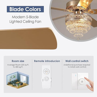 Crystal Ceiling Fan Fandelier with Lights - 52" Modern Outdoor Fans with Remote Control，Noiseless AC Motor, Retro/Farmhouse Lighting, Dining Room,Living Room (Gold