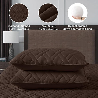 HORIMOTE HOME Quilt Set Queen Size Chocolate, Classic Geometric Diamond Stitched Pattern, Ultra Soft Microfiber Lightweight Bedding Bedspread Coverlet for All Season with 1 Quilt 2 Pillow Shams