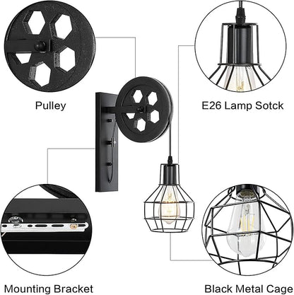1-Light Rustic Wall Light Lift Pulley with Matte Iron Cage Lampshade Industrial Mid Century Sconce for Indoor Lighting Barn Restaurant (Black Color)