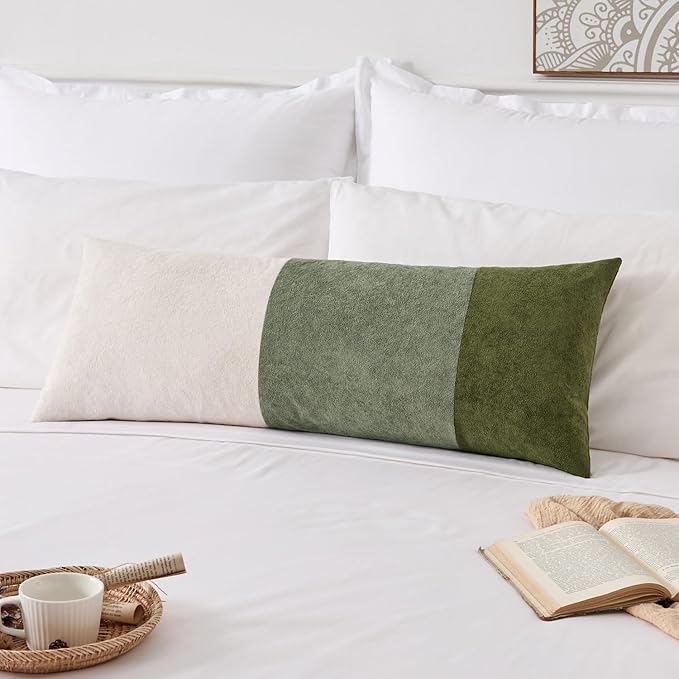 Kevin Textile 14x36 Inch Long Lumbar Cover 1 Pack Three-Colour Patchwork Soft Textured Waterproof Rectangle Cushion Elegant Accent Pillows for Couch Sofa Chair Bed Home Decor Indoor Outdoor Green