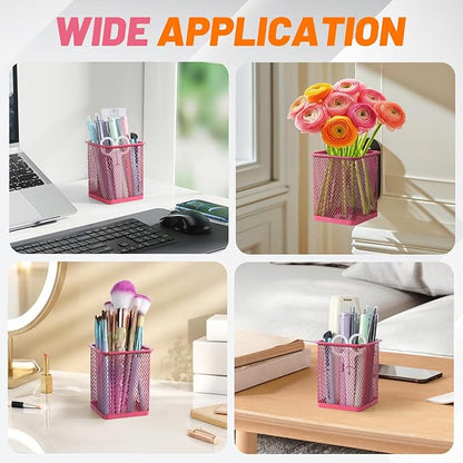Segarty Pen Cup Holder, 3 Pack Square Dark Pink Pen Holder for Desk, Cute Mesh Pencil Cups Container Set for Office Supply, School Classroom, Home Desktop Storgae and Organization, Brushes Organizer