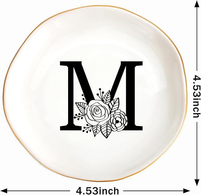 JoycuFF Initial M Ceramic Jewelry Tray, Bridesmaid Bride Gifts, Engagement Birthday Best Friend Mom Grandma Sister Gifts for Women, Trinket Dish for Rings Earrings Necklaces Bracelets Keys