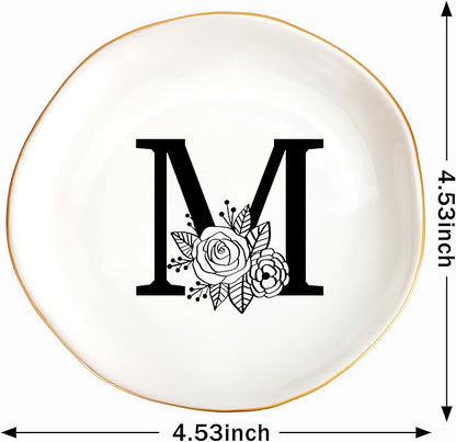 JoycuFF Initial M Ceramic Jewelry Tray, Bridesmaid Bride Gifts, Engagement Birthday Best Friend Mom Grandma Sister Gifts for Women, Trinket Dish for Rings Earrings Necklaces Bracelets Keys