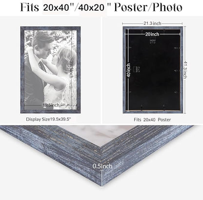 20x40 Frame Rustic Blue, 40x20 Picture Poster Frame, Horizontal Vertical Hanging, 20 by 40 Wall Gallery Family Concert Portrait Photo Frame Anniversary/Birthday/Wedding/Thank you/Christmas Gift