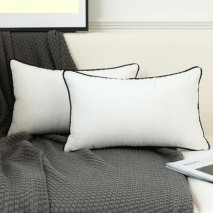 LIGICKY Set of 2 White Velvet Lumbar Pillow Covers Modern Minimalist Style Solid Decorative Black Rope Edging Soft Rectangle Cushion Cases for Sofa Bedroom Party Décor, 12 x 20 inch