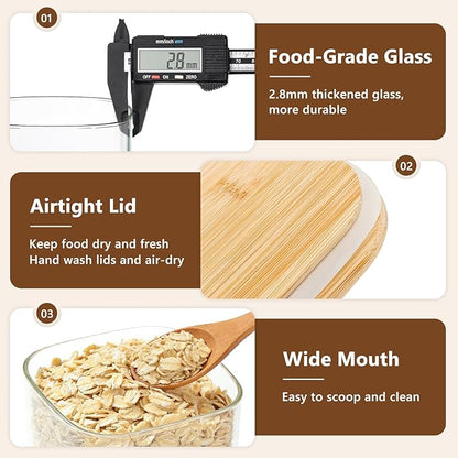 KEYWING 115oz Glass Food Storage Containers with Bamboo Lids, 2 Pack Large Square Airtight Glass Jars for Flour, Sugar, Cereal, Rice, Pasta & Coffee Beans