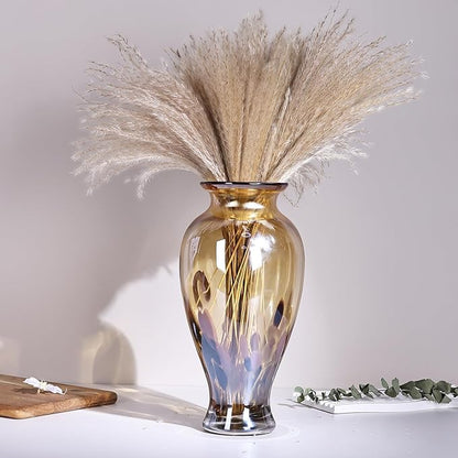 11.8" Tall Amber Gold Glass Vase Beautiful Hand Blown Glass Vase Modern Art Home Decor, Wide Mouth Colorful Vases for Mantle Dining Table Centerpiece, Entryway Living Room Wedding Decoration