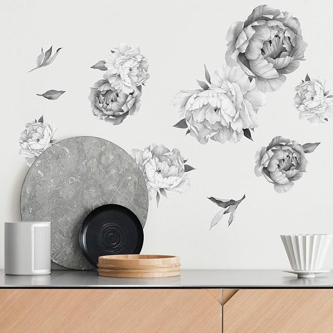 Peony Watercolor Wall Decals (Black and White Watercolor) - Flowers Decals for Wall - Botanical Bedroom Decor - Floral Peonies Grey Wall Stickers with Test Sample