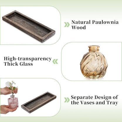 Glasseam Glass Bud Vases for Flower: 5 Colorful Small Vases Set with Rustic Wooden Tray for Home Office Living Room Bathroom - Vintage Table Centerpieces for Birthdays Wedding Housewarming Gifts