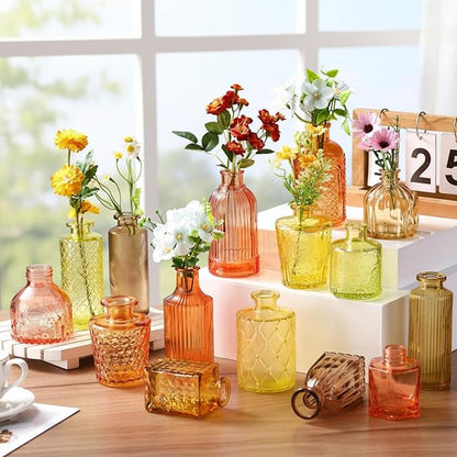 Yaomiao 60 Pcs Vases Bulk Colored Flower Glass Vases Bud Vintage Colored Glass Bottles Colorful Rustic Embossed for Home Wedding Table Decorations Gifts (Orange Yellow Series)