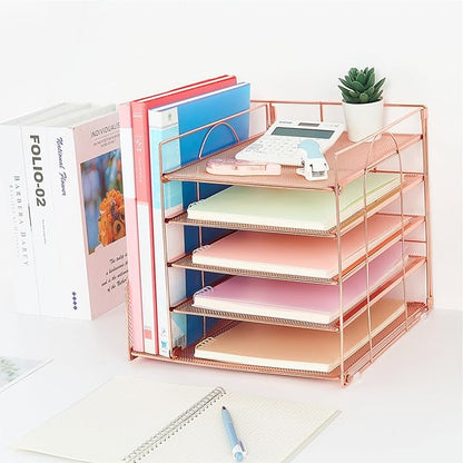Desk Organizers and Accessories, 5-Tier Paper Letter Tray Organizer with File Holder, Desktop Organizer for Office Supplies (Rose Gold)