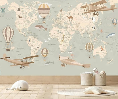AFZEVEB-Vintage Animal Wallpaper Cartoon Aircraft Map Wall murals for Kids Room 182"x120"(Not Peel and Stick)