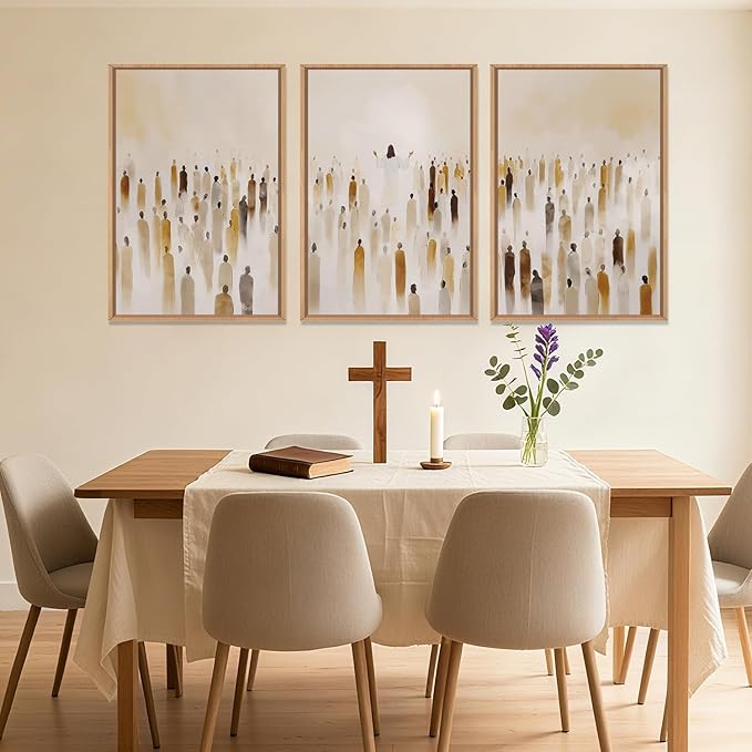 HLNIUC Jesus Feeds The 5000 Easter Christian Wall Art Set of 3, Minimalist Canvas Wall Decor, Bible Scripture 24"x36" Framed Art, Abstract Religious Prints for Living Room, Bedroom, Church