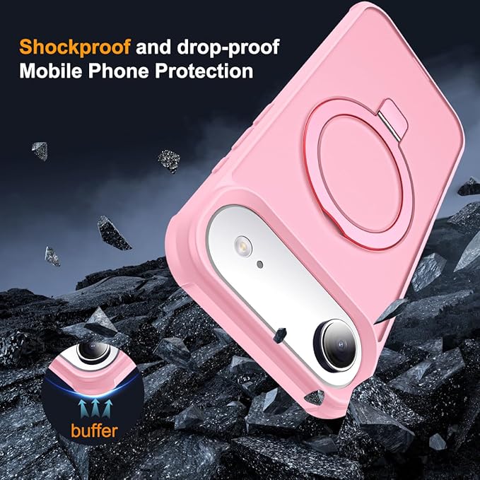 Compatible with iPhone 17 Air Case with Invisible Magnetic O-Ring Stand Military-Grade Translucent Phone Case for iPhone 17 Air 6.5" [Compatible with Mag-Safe][Great Grip Feeling], Pink