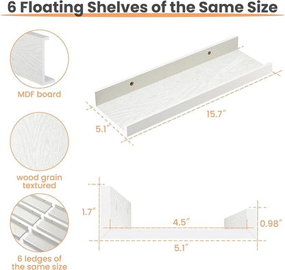 upsimples Floating Shelves for Wall, Wall Shelves for Decor Storage Set of 6, Wall Mounted Wood Shelf for Bedroom, Living Room, Bathroom, Kitchen, Picture Ledge Shelf, White