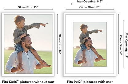 Americanflat 13x16 Picture Frame with Polished Plexiglass - Use as 9x12 Frame with Mat or Display 13x16 Photo Without Mat - Streamline Collection - Thin Border Picture Frames for Wall - White
