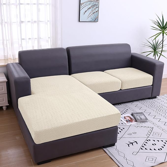 Smiry Waterproof Couch Cushion Covers, Stretch Jacquard Sectional Couch Covers, L Shape Chaise Lounge Sofa Slipcover, Washable Elastic Furniture Protector for Pets, Kid (XL-Chaise Cover, Beige)