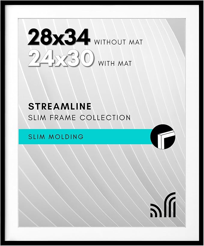 Americanflat 28x34 Picture Frame with Polished Plexiglass - Use as 24x30 Frame with Mat or Display 28x34 Photo Without Mat - Streamline Collection - Thin Border Picture Frames for Wall - Black