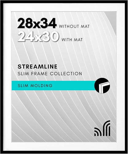 Americanflat 28x34 Picture Frame with Polished Plexiglass - Use as 24x30 Frame with Mat or Display 28x34 Photo Without Mat - Streamline Collection - Thin Border Picture Frames for Wall - Black
