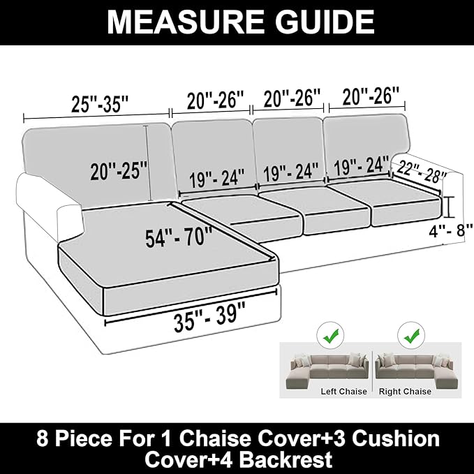 NAISI Sectional Couch Covers 8 Pieces Velvet Couch Cushion Covers L Shape Soft Stretch Sofa Slipcovers with 2pcs Pillowcases for Left/Right Chaise Sectional Couch(3 Seater+1 Chaise+4 Back,Black)